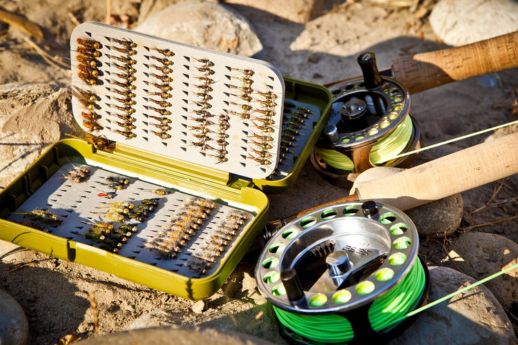 case of flies with fishing rods