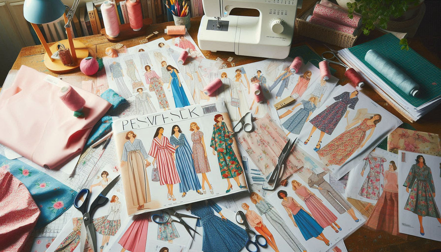 sewing patterns strewn on a craft table