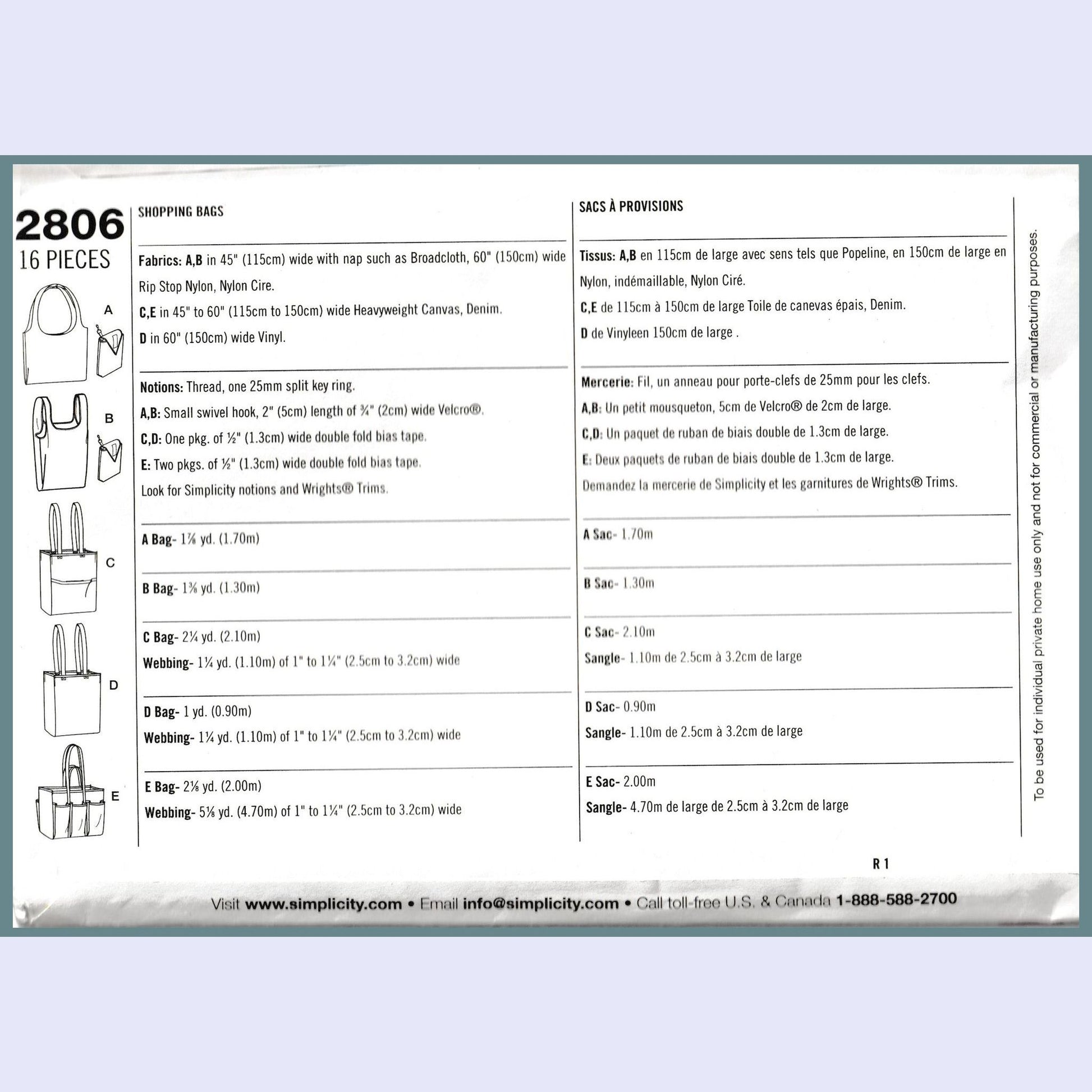 simplicity 2806 yardage for each view and notions