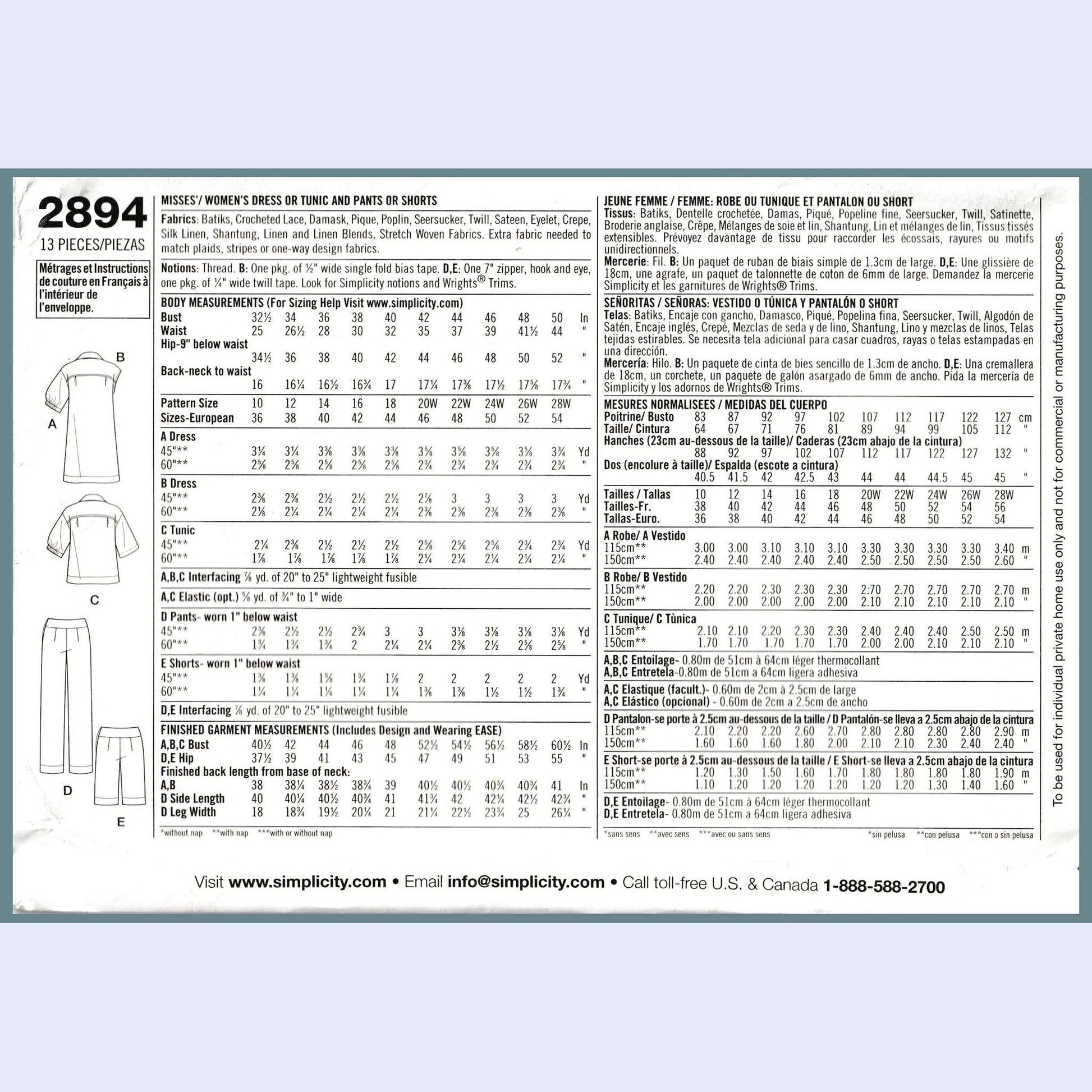 simplicity 2894aa yardage for each size view and notions