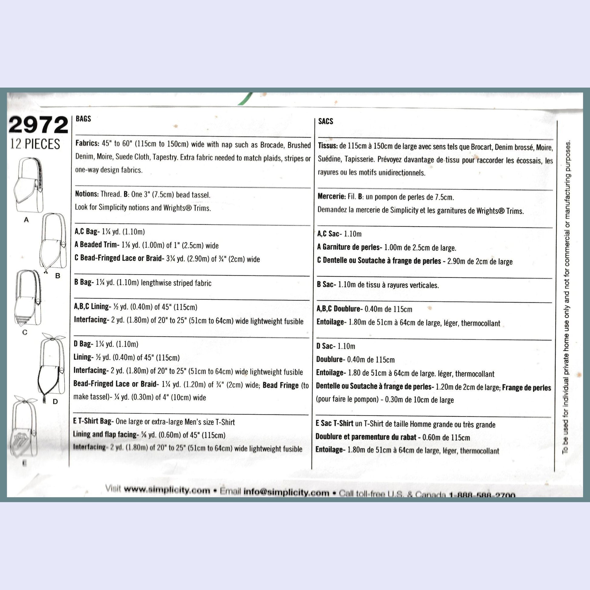 simplicity 2972 yardage for each size view and notions