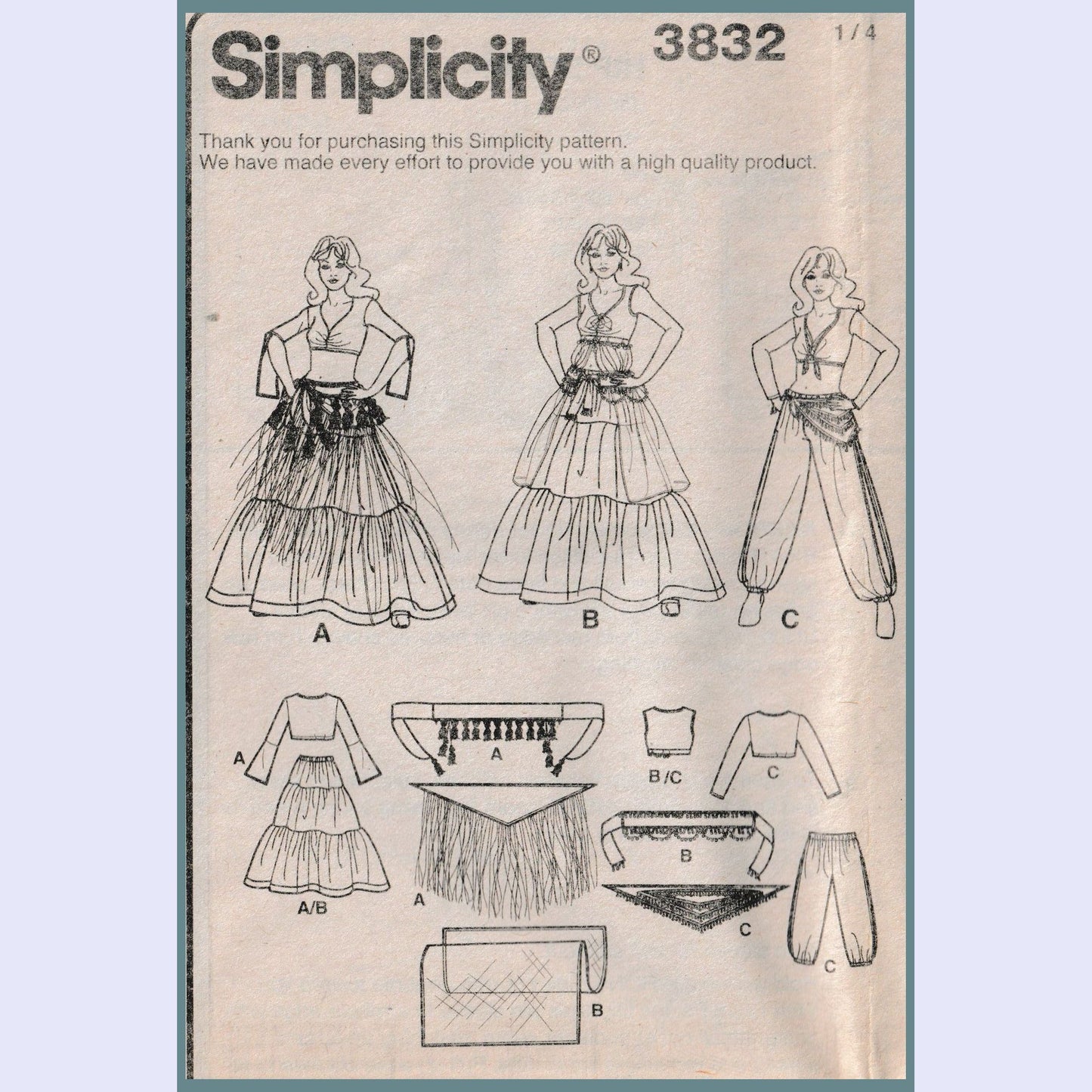 Patrón de traje de harén de bailarina del vientre Simplicity 3832 para mujeres de 6 a 12 años, sin cortes