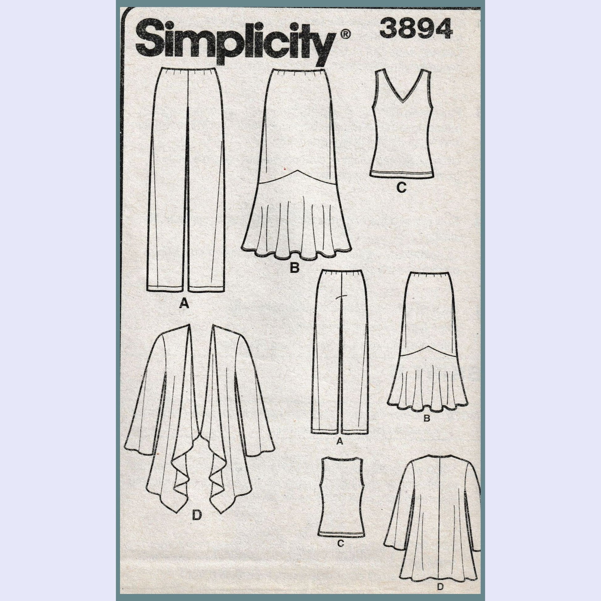 simplicity 3894aa insert with front and back views