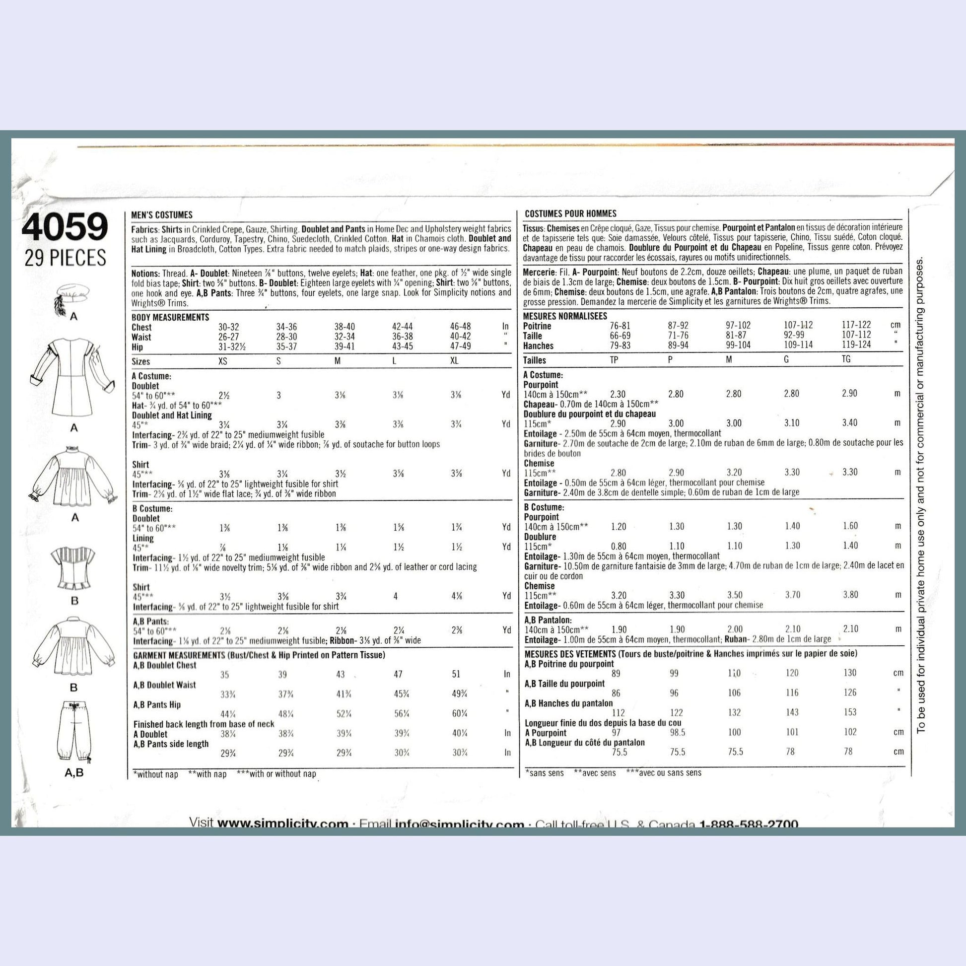 Simplicity 4059A yardage for each size view and notions