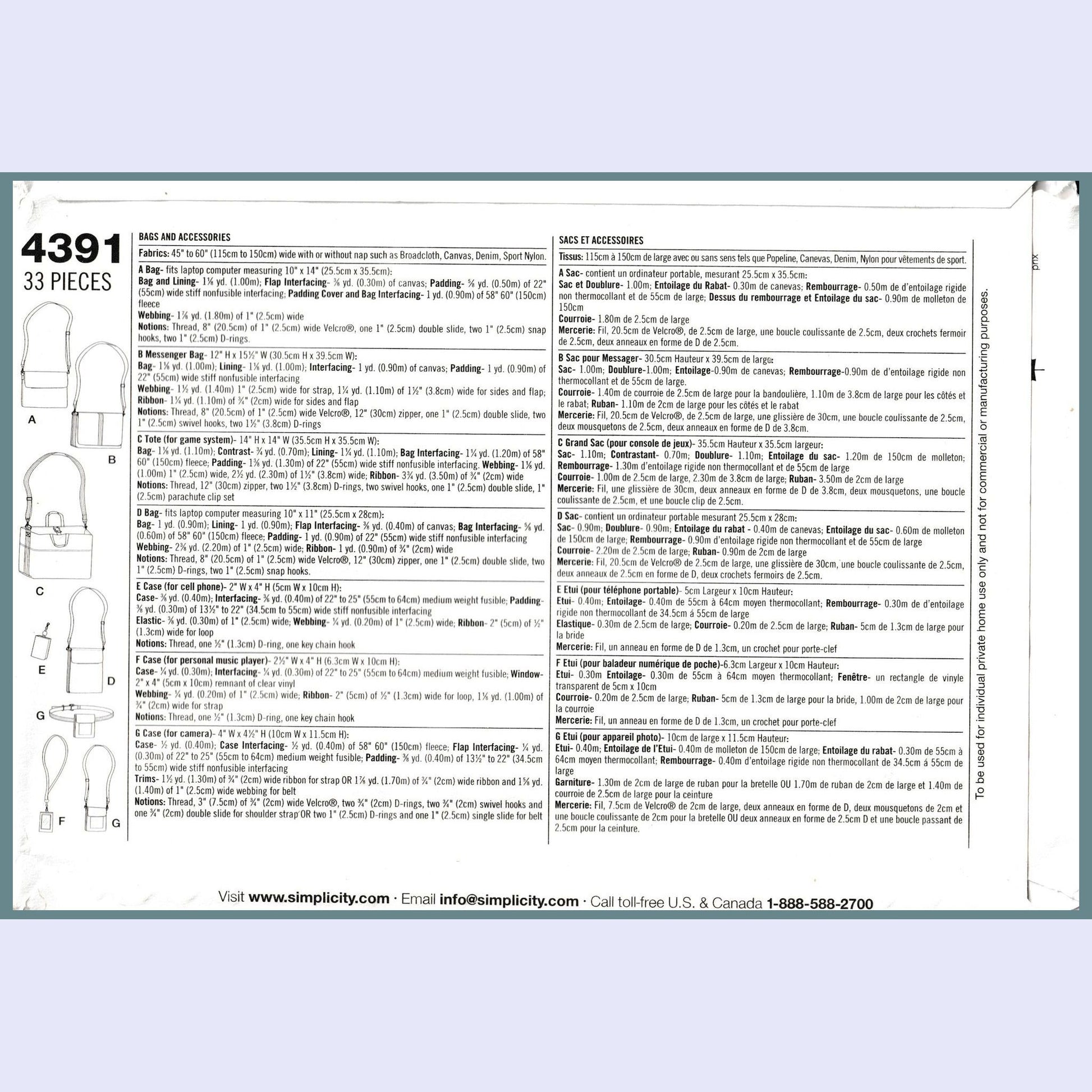 simplicity 4391 yardage for each size view and notions