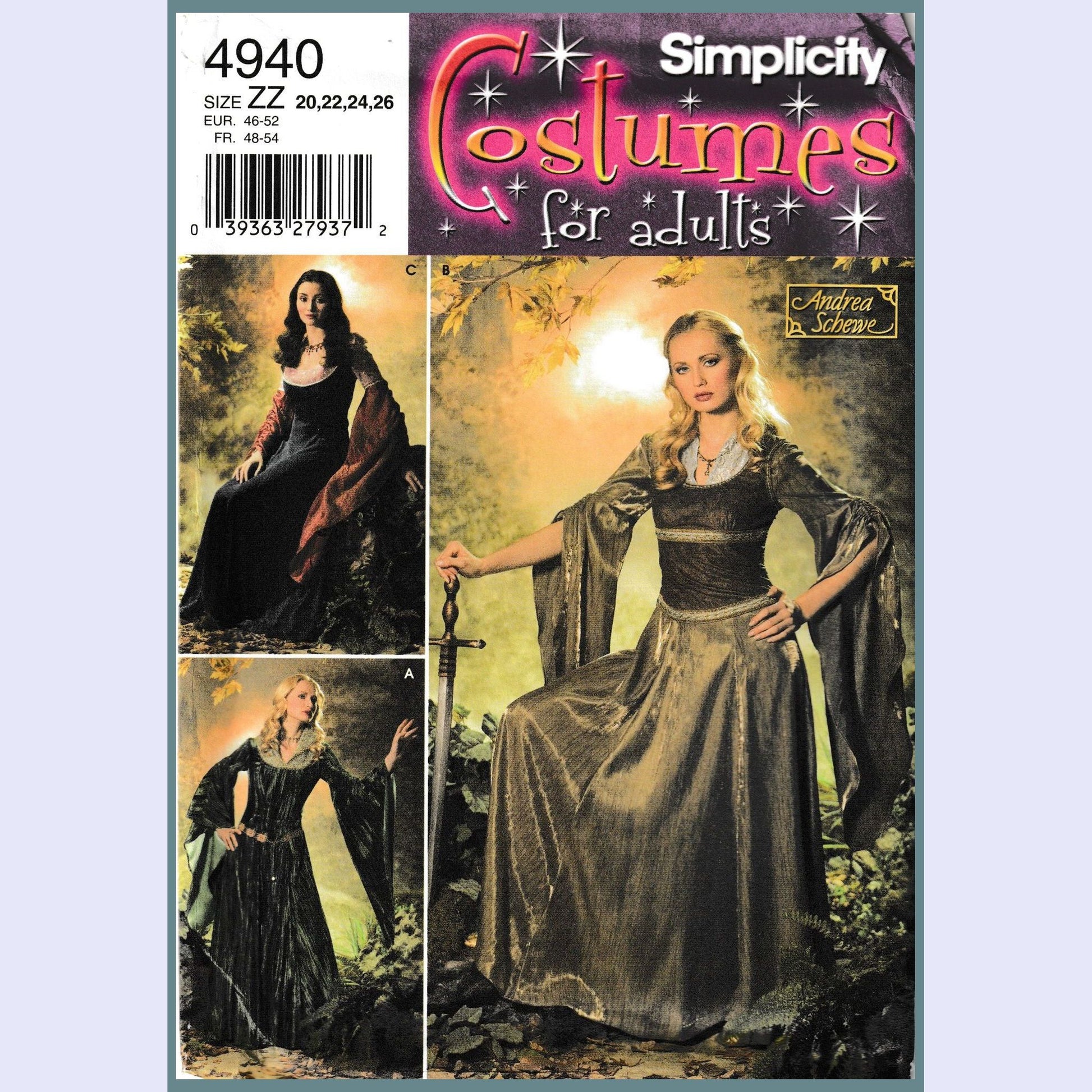 Simplicity 4940 ZZ medieval dress costume pattern in 3 views