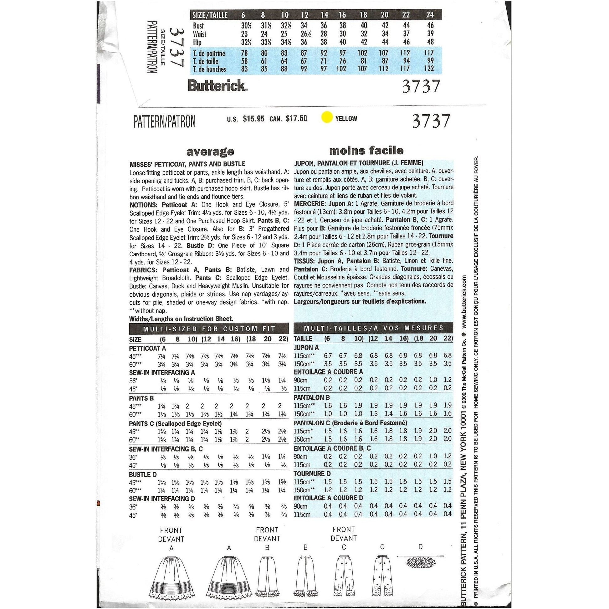 Yardage for each size and view notions 3737 size 18 to 22