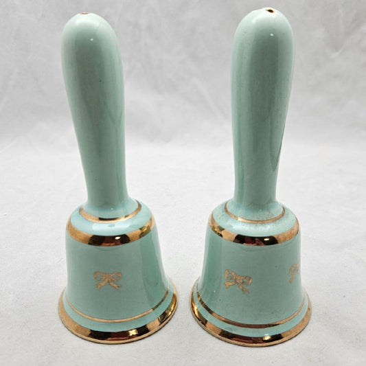 Hand Bell Vintage 60's Salt & Pepper Shakers Aqua with Gold Trim Porcelain