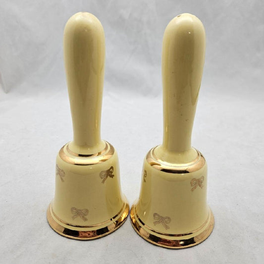 Hand Bell Vintage 60's Salt & Pepper Shakers Yellow with Gold Trim Porcelain