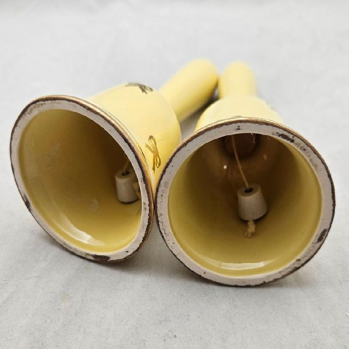 Hand Bell Vintage 60's Salt & Pepper Shakers Yellow with Gold Trim Porcelain