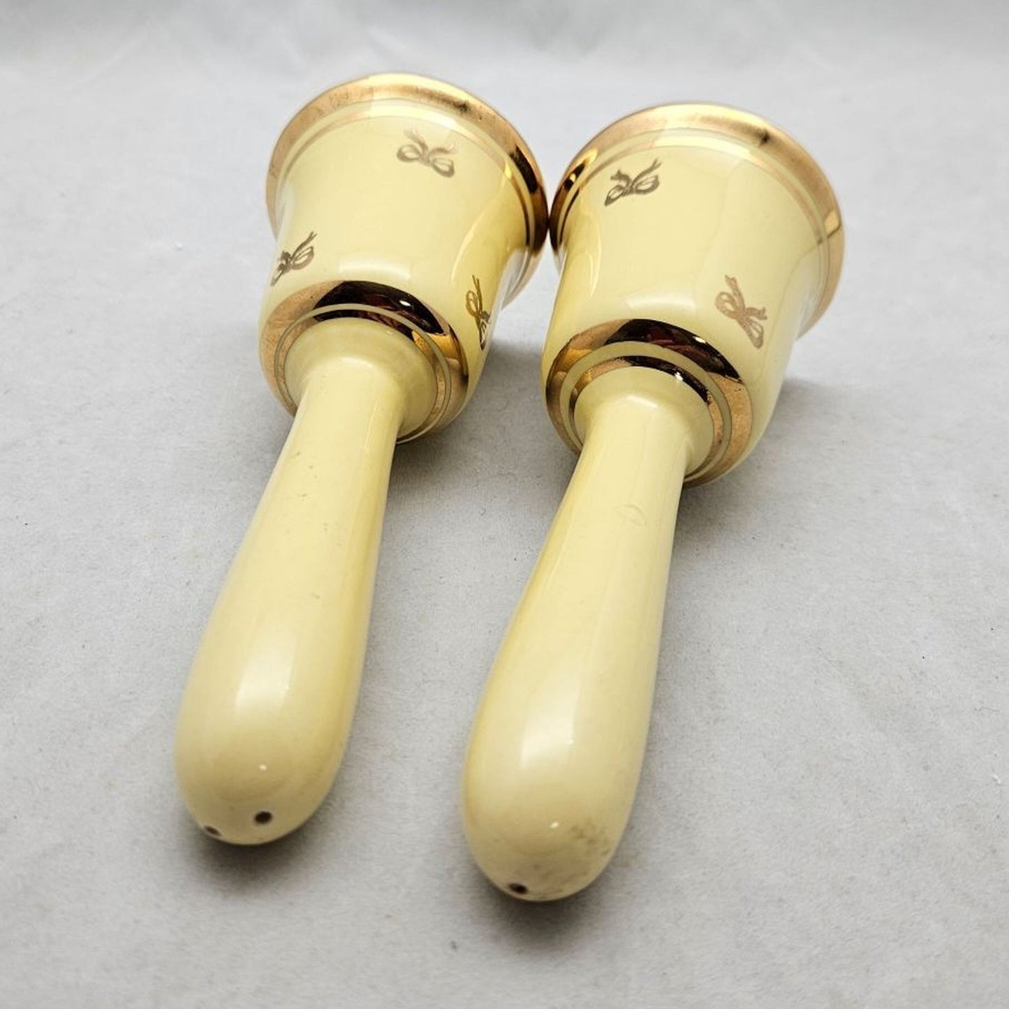 Hand Bell Vintage 60's Salt & Pepper Shakers Yellow with Gold Trim Porcelain