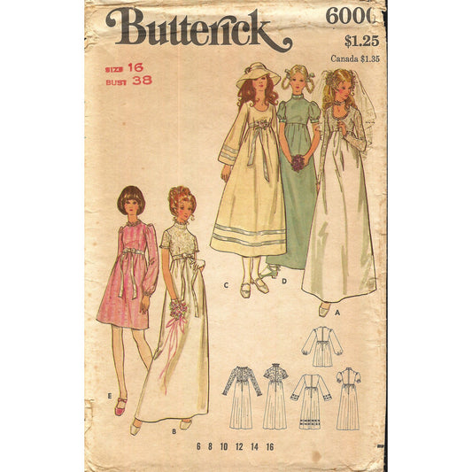 butterick 6000 vintage 1970s empire waist bridal gown and dress