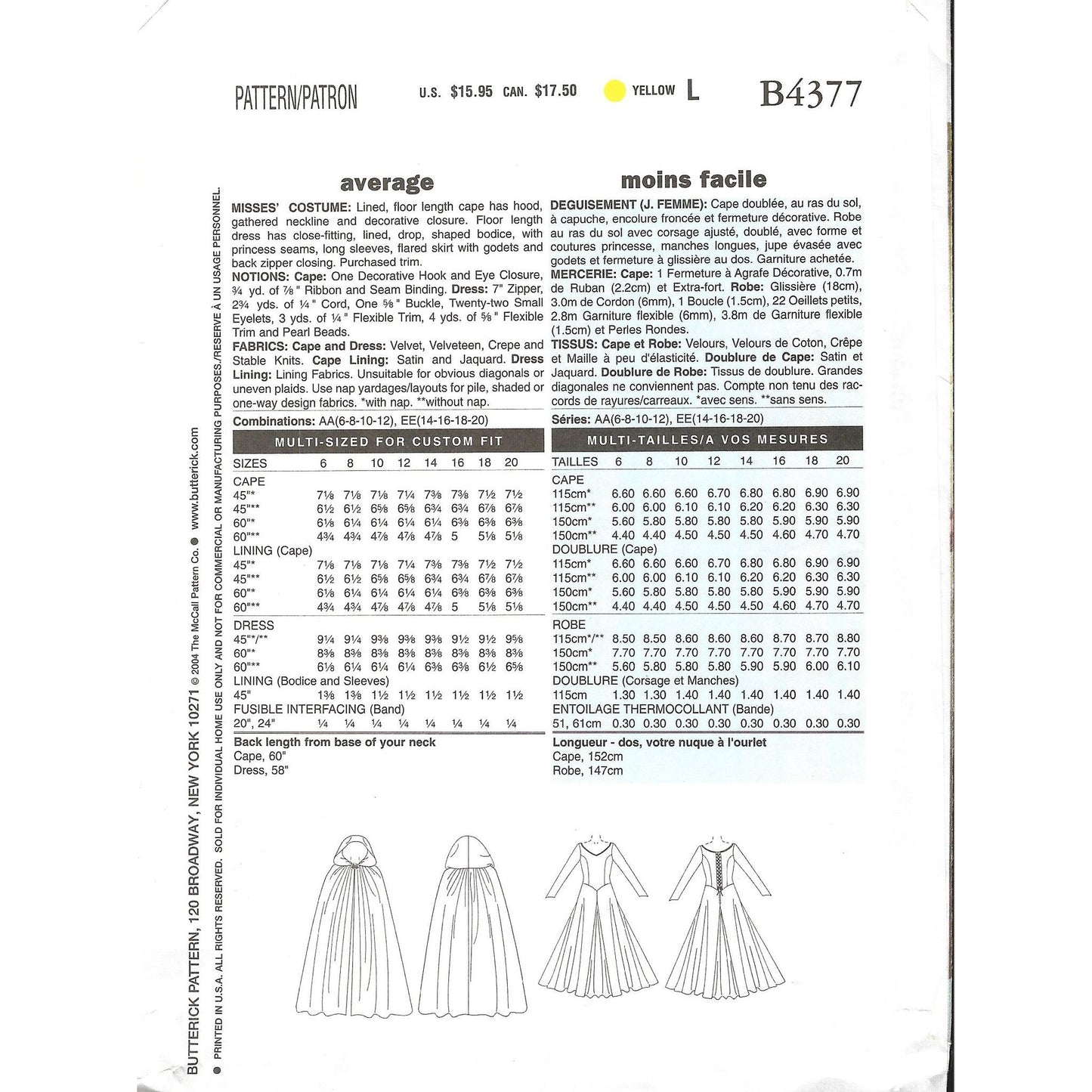 butterick b4377ee yardage for each size and view notions