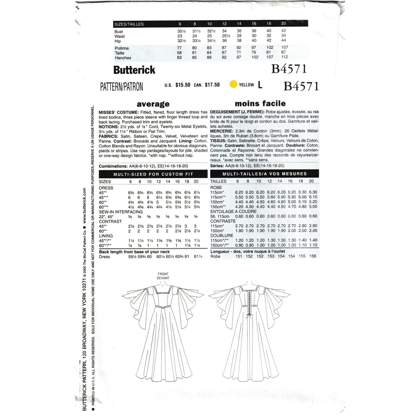 butterick b4571 yardage for each size view and notions