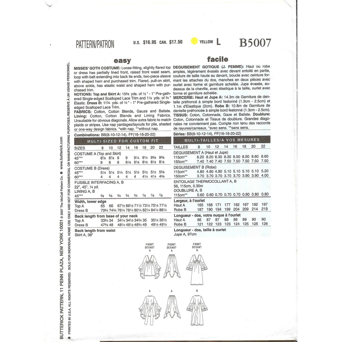 yardage for each size and view notions b5007 ff