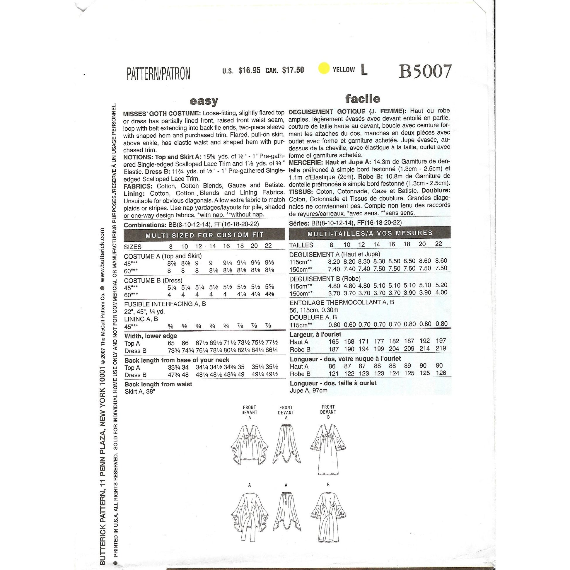 yardage for each size and view notions b5007 ff