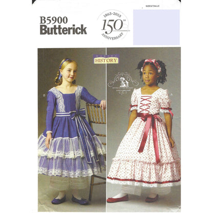 Patrón de vestido y cinturón de la Guerra Civil para niñas Butterick B5900, tallas 2 a 8, sin cortar