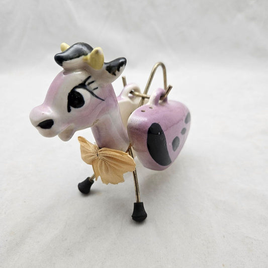 Vintage Purple Cow Salt & Pepper Shakers Ceramic w/Metal Stand Japan