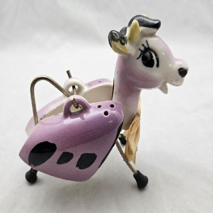 Salière et poivrière vintage en céramique avec support en métal en forme de vache violette, Japon