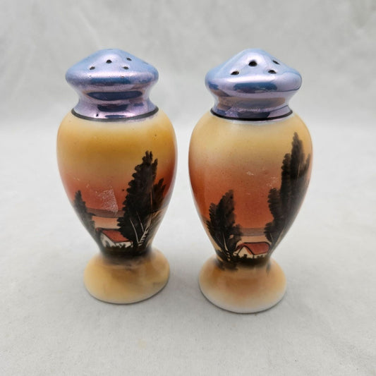 Vintage Hand Painted Lustre Ware Salt & Pepper Set Japan Cabin on Lake