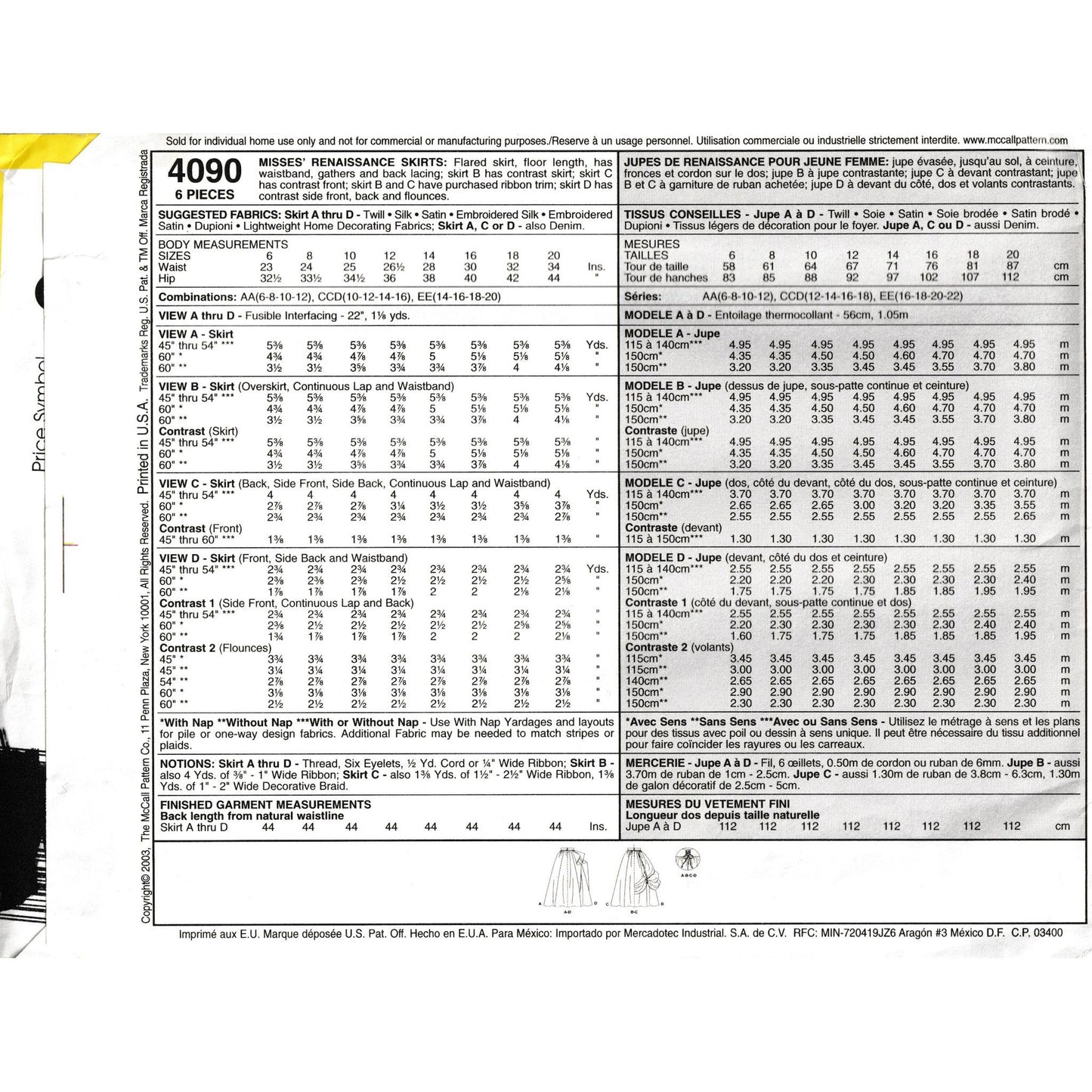 mcCall's 4090aa yardage for each size view and notions