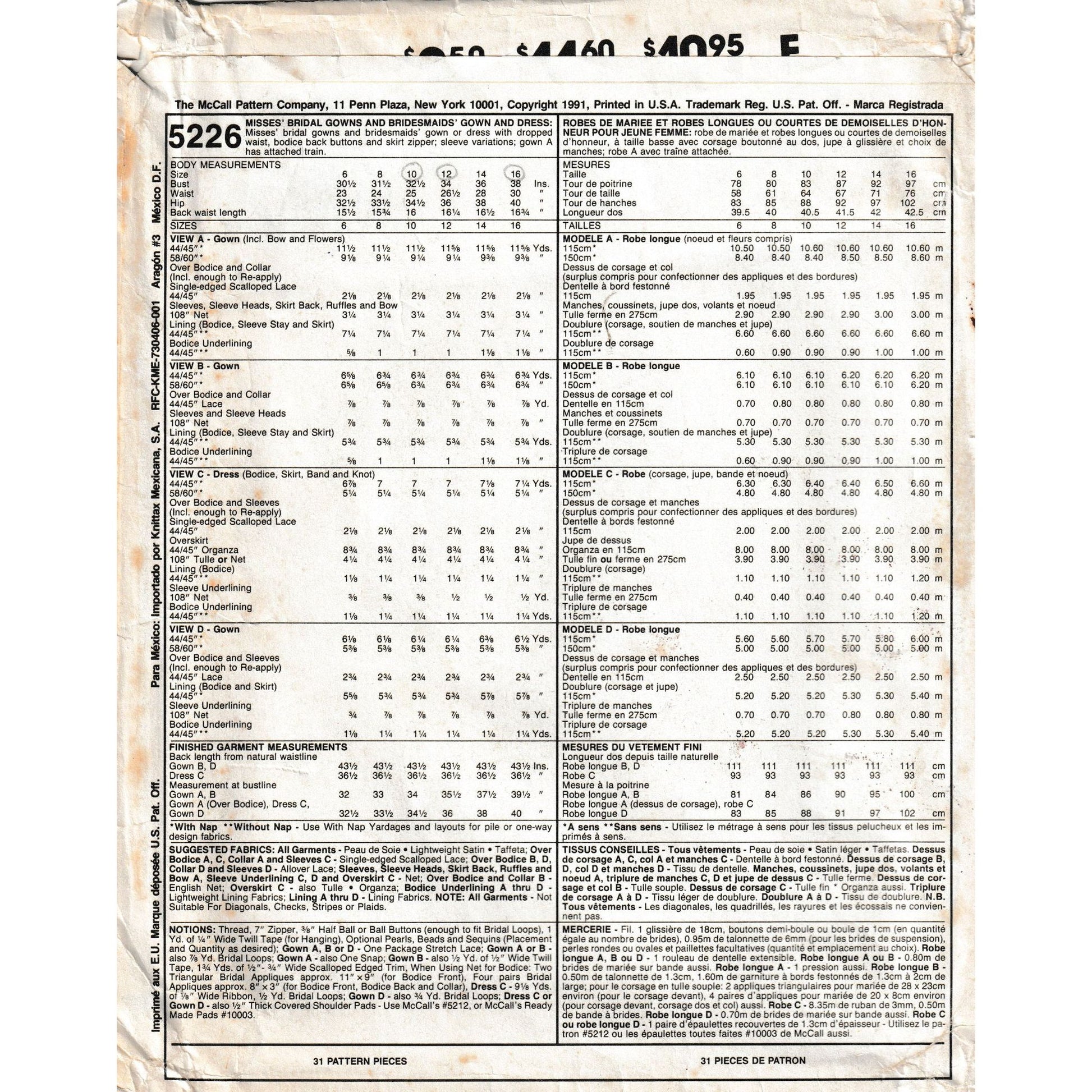 mccalls 5226 yardage for each size view and notions