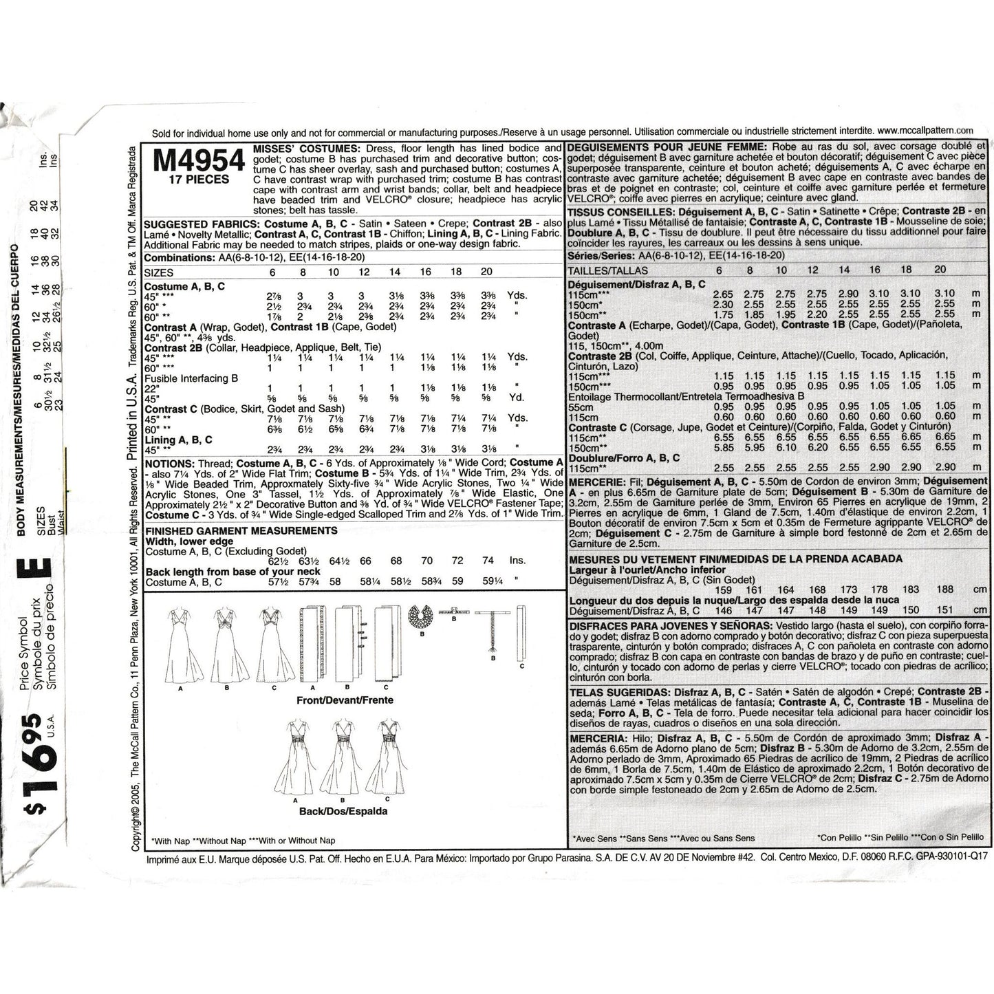 McCall's m4954aa yardage for each size view and notions