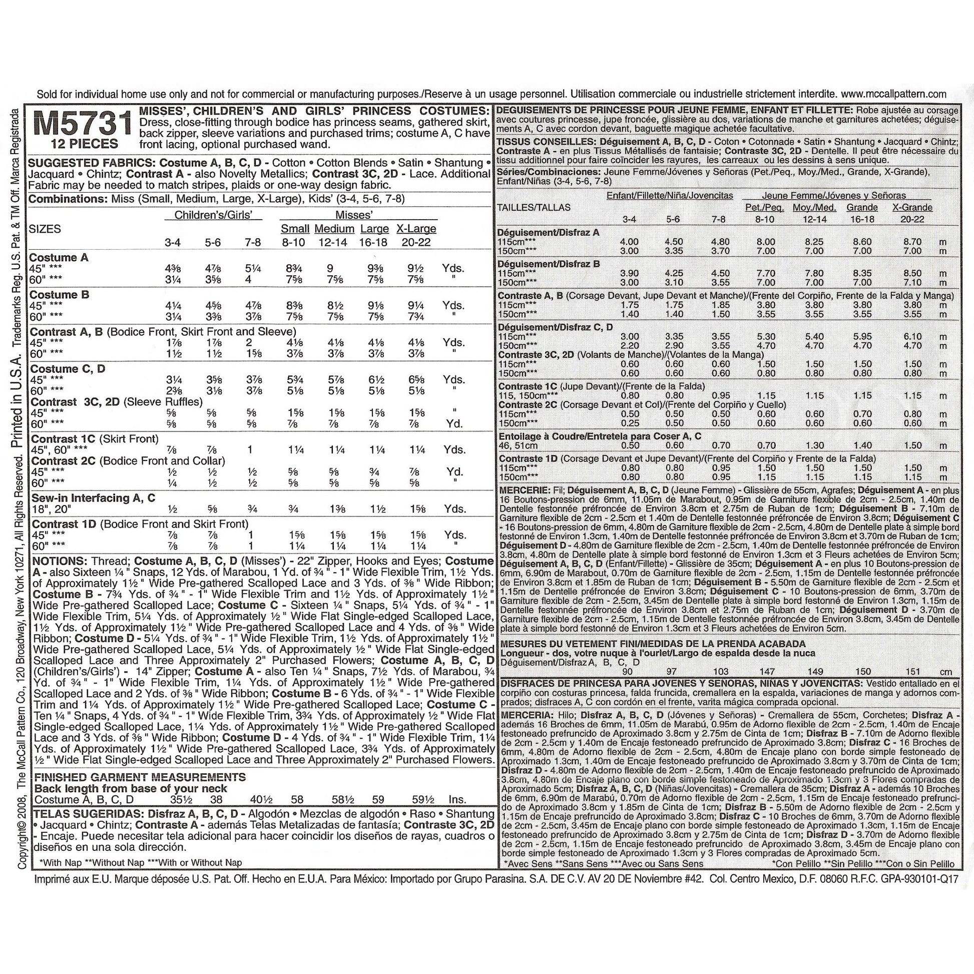 Yardage for each size and view notions m5731 sm to xlg