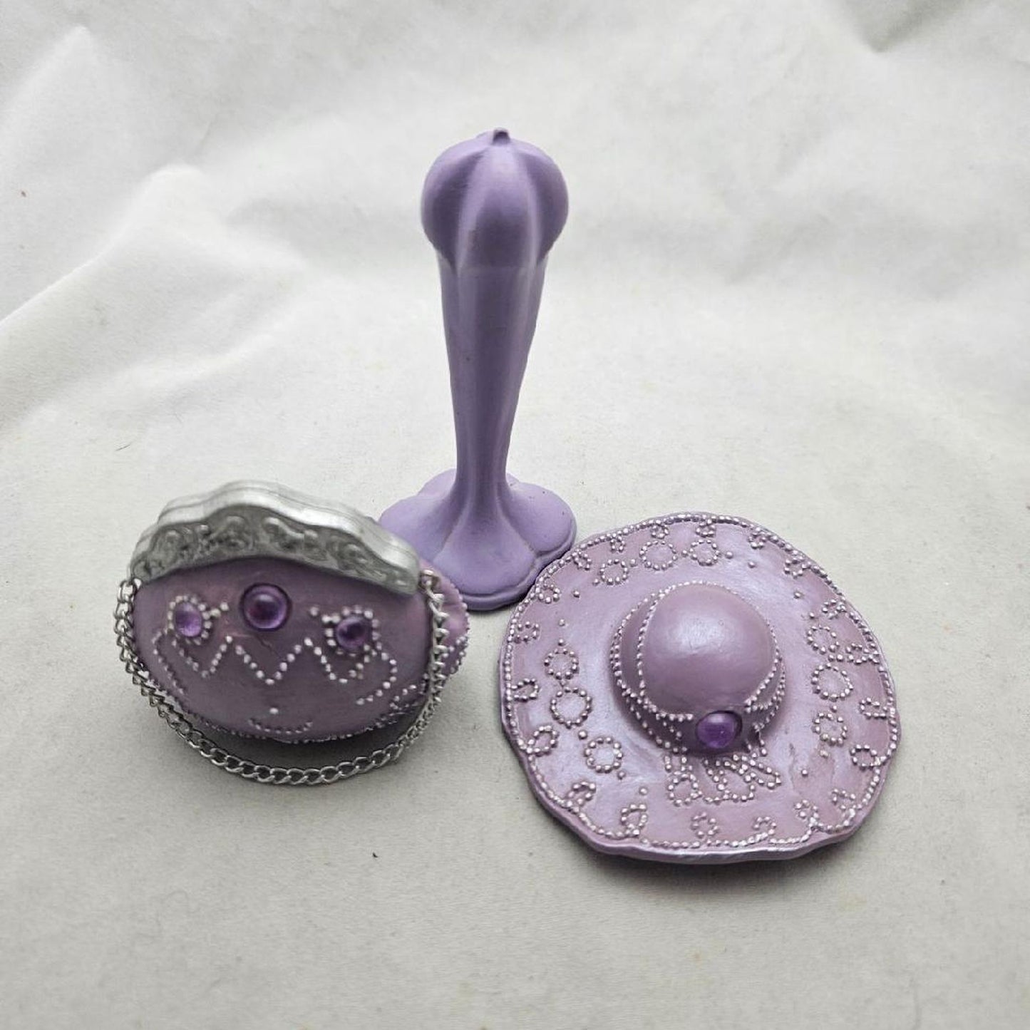 Miniature 3 Pc Purple Hat Purse Hat Stand Matching Set Victorian Style