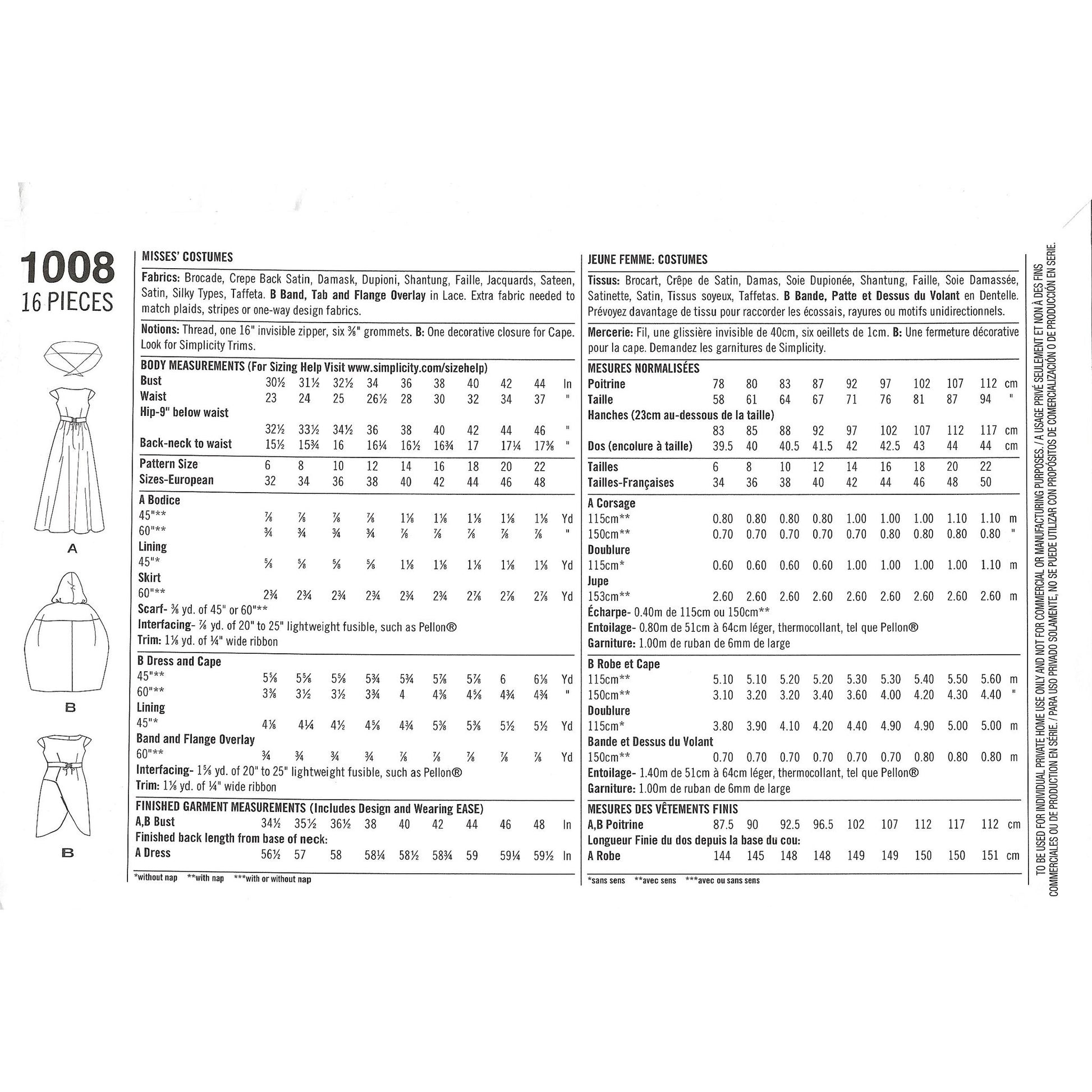 Yardage for each size and view notions 1008 hh