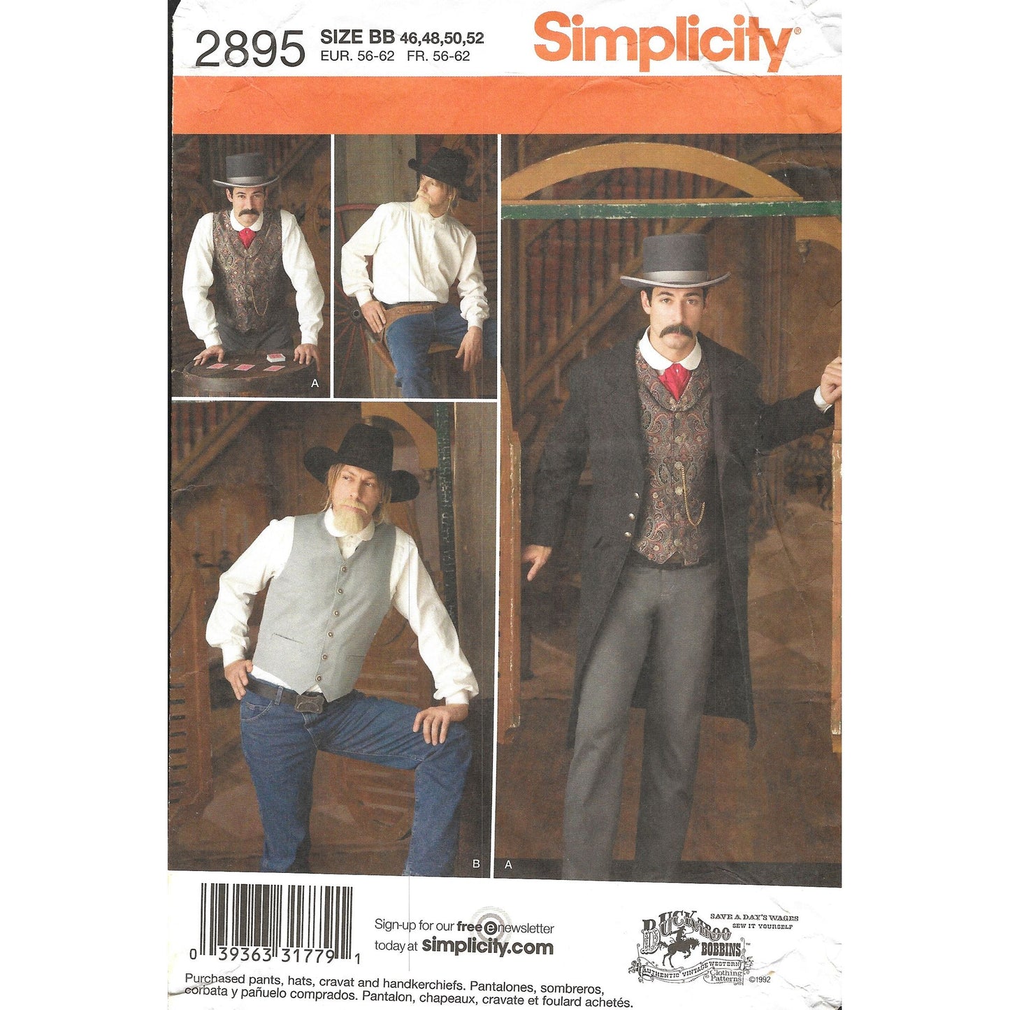 Patron de costume et chemise pour homme Simplicity 2895 XS-XL Western Costume non coupé