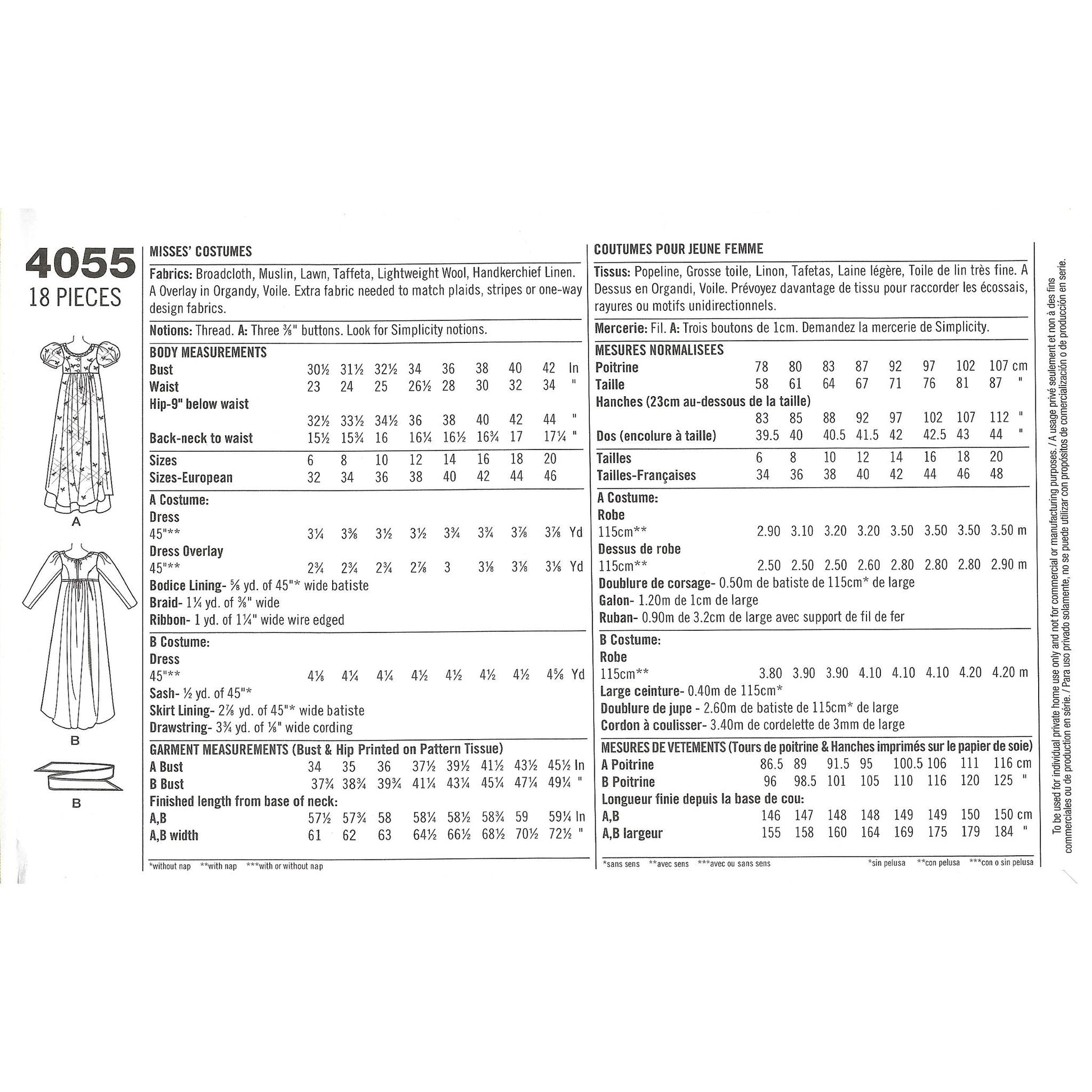 simplicity 4055Rrr yardage for each size view and notions