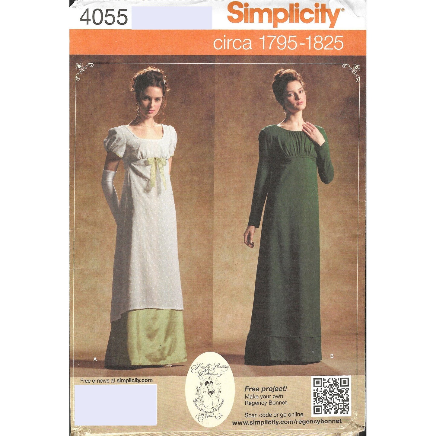 Patrón de vestido Simplicity 4055 Tallas 6-20 Sensatez y sensibilidad Sin cortes