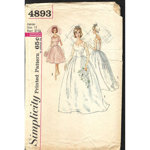 Simplicity 4893 Vintage Wedding Gown Pattern 2 Lengths Size 11 Uncut